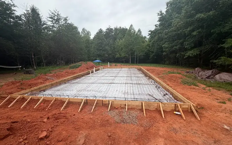 Formed and reinforced shop-building slab ready to pour
